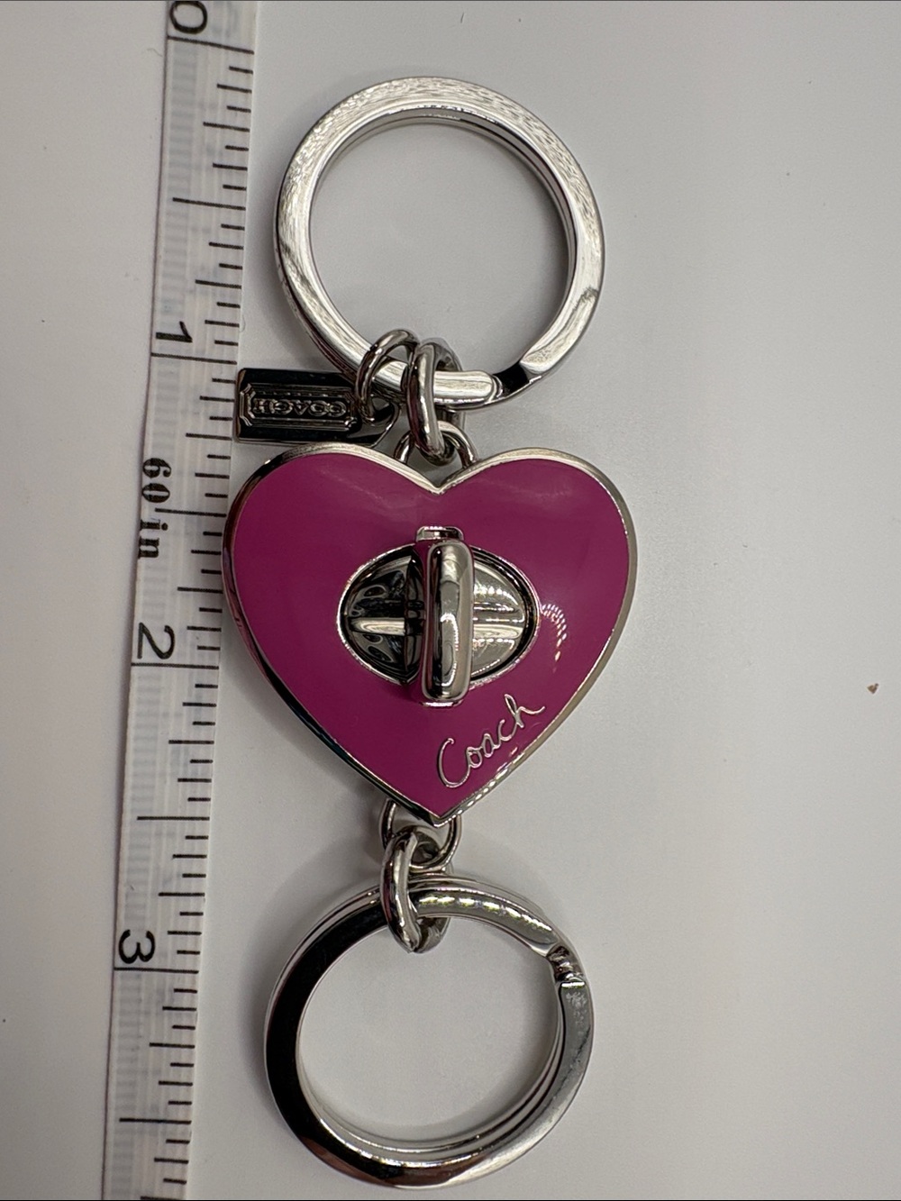 Coach Pink Heart Turn lock Valet Keychain with Silver Hardware